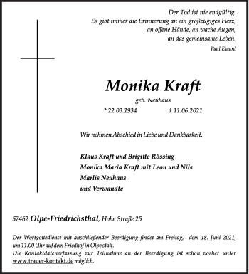 Traueranzeige von Monika Kraft von Siegener Zeitung
