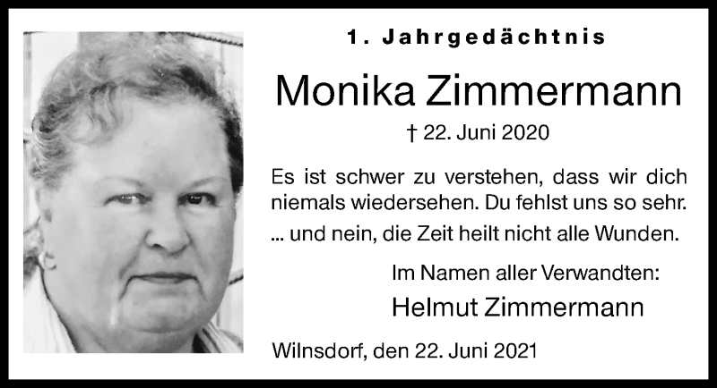  Traueranzeige für Monika Zimmermann vom 22.06.2021 aus Siegener Zeitung