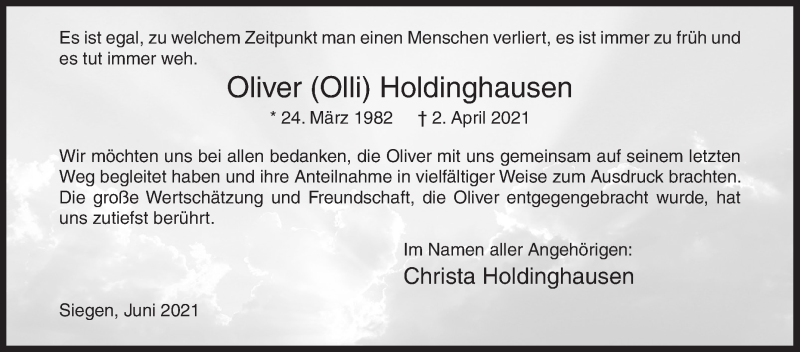  Traueranzeige für Oliver Holdinghausen vom 12.06.2021 aus Siegener Zeitung