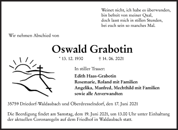 Traueranzeige von Oswald Grabotin von Siegener Zeitung