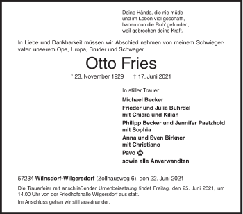 Traueranzeige von Otto Fries von Siegener Zeitung
