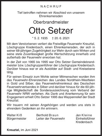 Traueranzeige von Otto Setzer von Siegener Zeitung