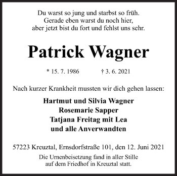 Traueranzeige von Patrick Wagner von Siegener Zeitung
