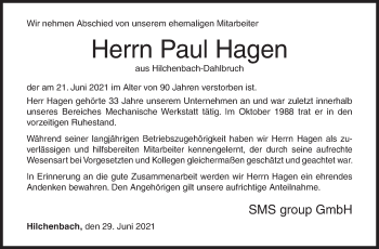 Traueranzeige von Paul Hagen von Siegener Zeitung