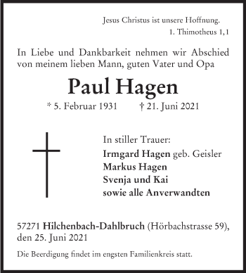 Traueranzeige von Paul Hagen von Siegener Zeitung
