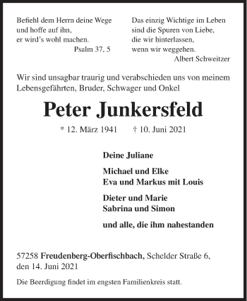 Traueranzeige von Peter Junkersfeld von Siegener Zeitung