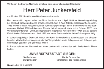 Traueranzeige von Peter Junkersfeld von Siegener Zeitung