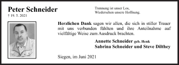 Traueranzeige von Peter Schneider von Siegener Zeitung