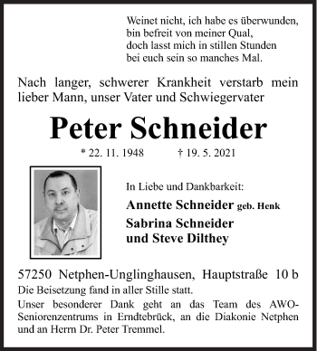 Traueranzeige von Peter Schneider von Siegener Zeitung