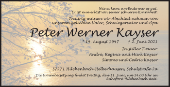 Traueranzeige von Peter Werner Kayser von Siegener Zeitung
