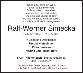 Traueranzeige von Ralf-Werner Simecka von Siegener Zeitung