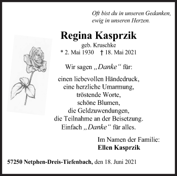 Traueranzeige von Regina Kasprzik von Siegener Zeitung