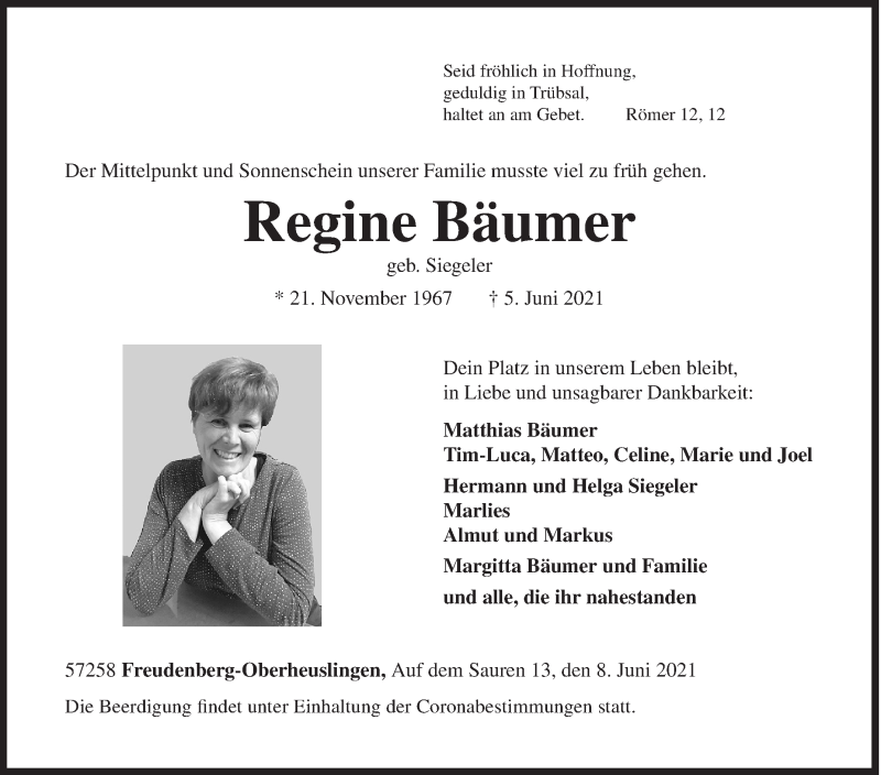  Traueranzeige für Regine Bäumer vom 08.06.2021 aus Siegener Zeitung