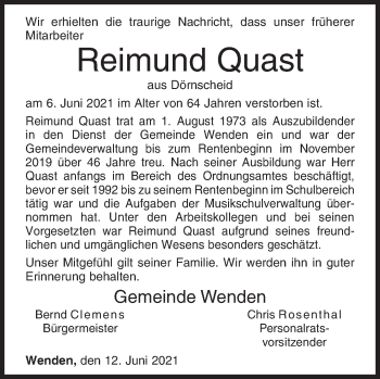 Traueranzeige von Reimund Quast von Siegener Zeitung