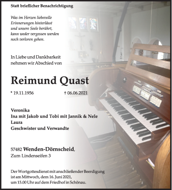 Traueranzeige von Reimund Quast von Siegener Zeitung