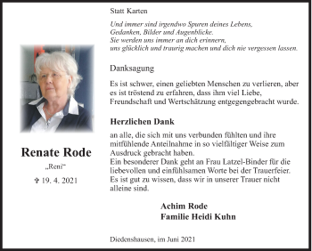 Traueranzeige von Renate  Rode von Siegener Zeitung