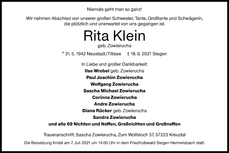  Traueranzeige für Rita Klein vom 26.06.2021 aus Siegener Zeitung