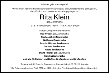 Traueranzeige von Rita Klein von Siegener Zeitung
