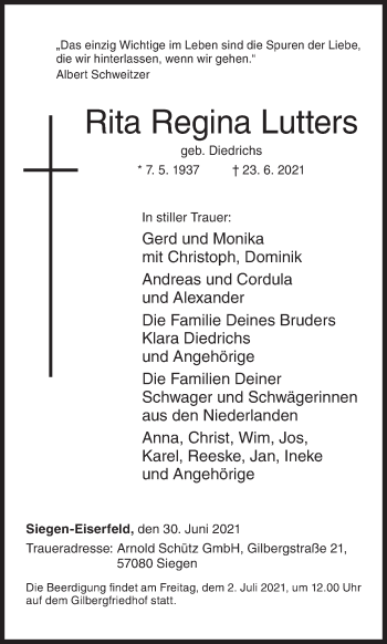 Traueranzeige von Rita Regina Lutters von Siegener Zeitung