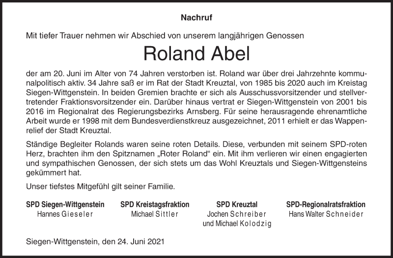  Traueranzeige für Roland Abel vom 24.06.2021 aus Siegener Zeitung