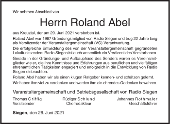 Traueranzeige von Roland Abel von Siegener Zeitung
