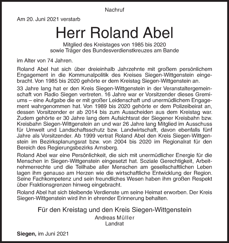  Traueranzeige für Roland Abel vom 24.06.2021 aus Siegener Zeitung