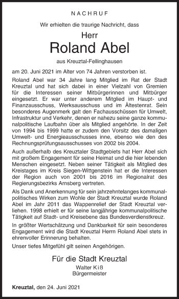 Traueranzeige von Roland Abel von Siegener Zeitung