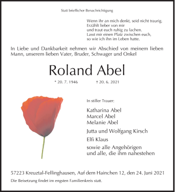 Traueranzeige von Roland Abel von Siegener Zeitung