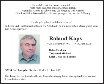 Traueranzeige von Roland Kaps von Siegener Zeitung