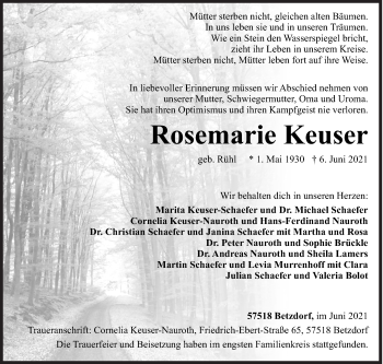 Traueranzeige von Rosemarie Keuser von Siegener Zeitung