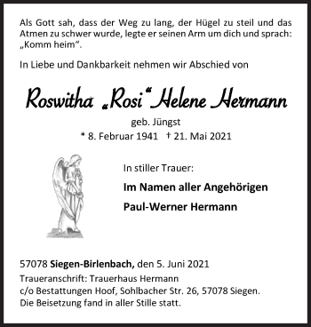 Traueranzeige von Roswitha Helene Hermann von Siegener Zeitung