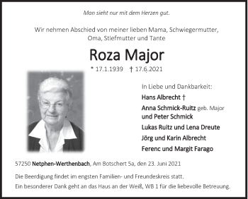 Traueranzeige von Roza Major von Siegener Zeitung