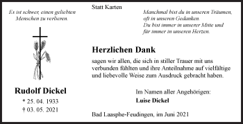 Traueranzeige von Rudolf Dickel von Siegener Zeitung