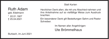 Traueranzeige von Ruth Adam von Siegener Zeitung
