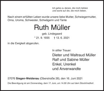 Traueranzeige von Ruth Müller von Siegener Zeitung