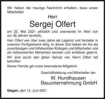 Traueranzeige von Sergej Olfert von Siegener Zeitung
