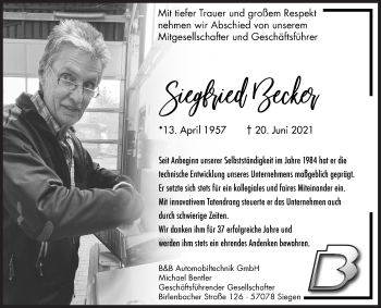 Traueranzeige von Siegfried Becker von Siegener Zeitung