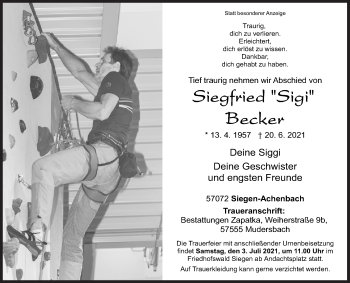 Traueranzeige von Siegfried Becker von Siegener Zeitung