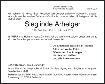 Traueranzeige von Sieglinde Arhelger von Siegener Zeitung