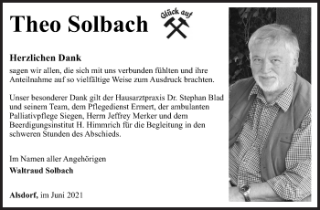 Traueranzeige von Theo  Solbach von Siegener Zeitung