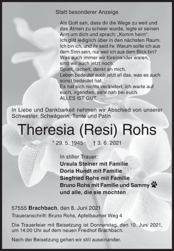 Traueranzeige von Theresia  Rohs von Siegener Zeitung