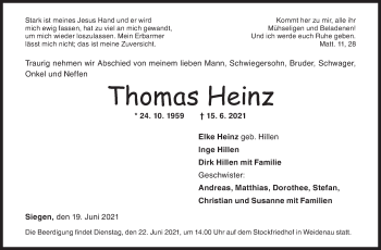 Traueranzeige von Thomas Heinz von Siegener Zeitung