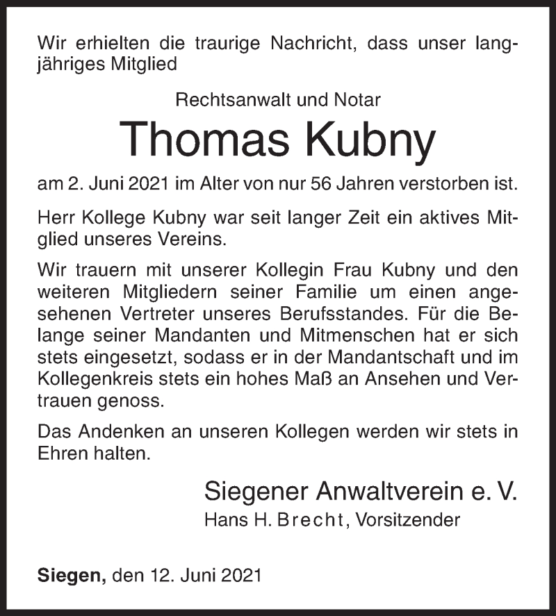  Traueranzeige für Thomas Kubny vom 12.06.2021 aus Siegener Zeitung