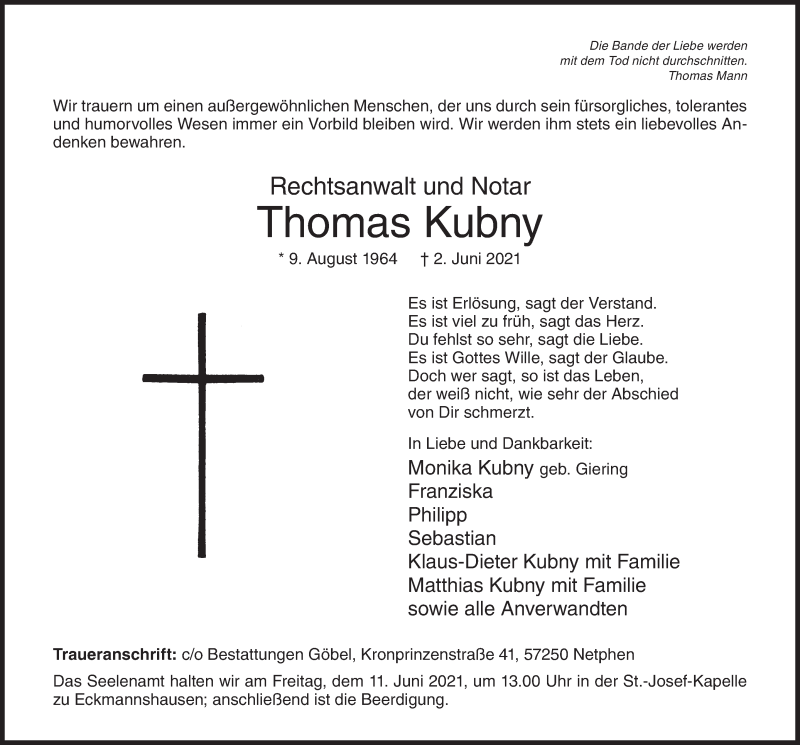  Traueranzeige für Thomas Kubny vom 05.06.2021 aus Siegener Zeitung