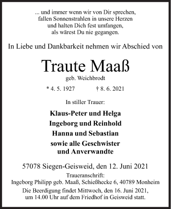Traueranzeige von Traute Maaß von Siegener Zeitung