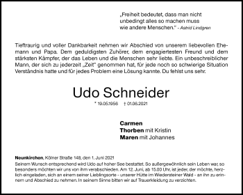 Traueranzeige von Udo Schneider von Siegener Zeitung