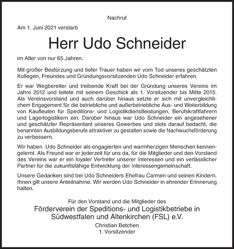  Traueranzeige für Udo Schneider vom 04.06.2021 aus Siegener Zeitung