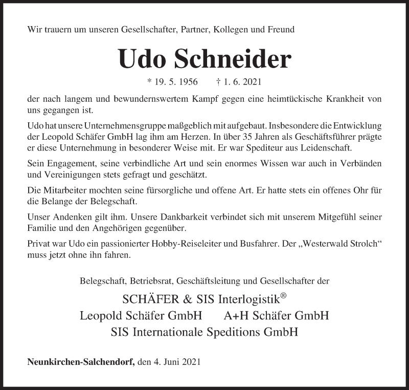  Traueranzeige für Udo Schneider vom 04.06.2021 aus Siegener Zeitung