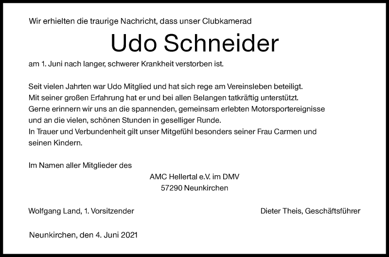  Traueranzeige für Udo Schneider vom 04.06.2021 aus Siegener Zeitung