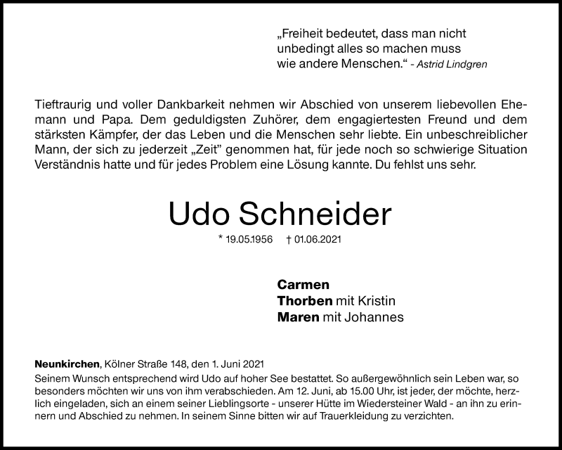  Traueranzeige für Udo Schneider vom 04.06.2021 aus Siegener Zeitung